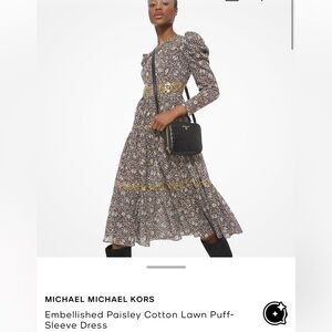 Michael Kors Embellished Paisley Cotton Lawn Puff Sleeve Dress M